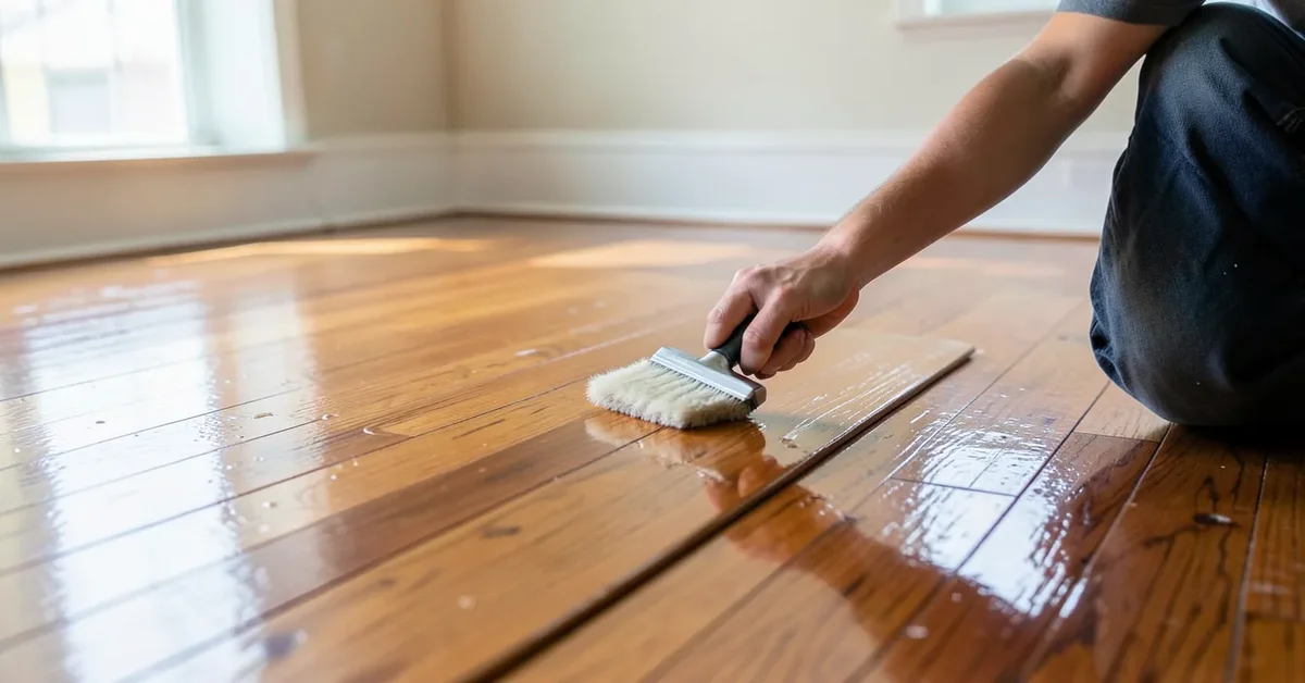 Person applying clear polyurethane finish to a hardwood floor with a lambswool applicator