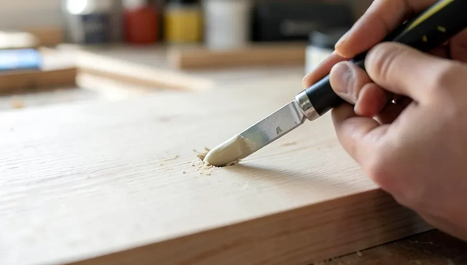 Applying wood filler into a hole with a putty knife