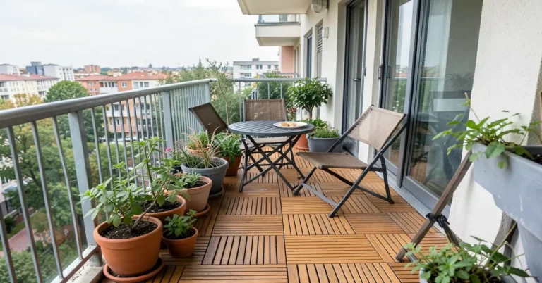 Small balcony floor covered with interlocking wood deck tiles