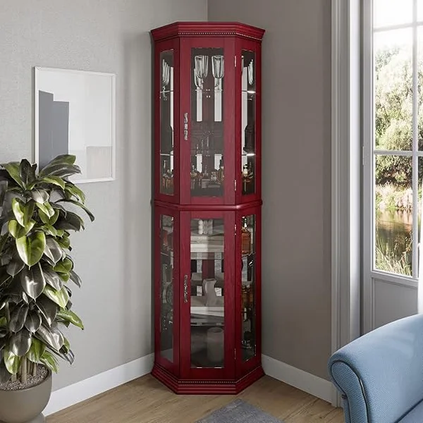 BELLEZE Lorona lighted wooden corner curio cabinet in cherry finish with glass doors