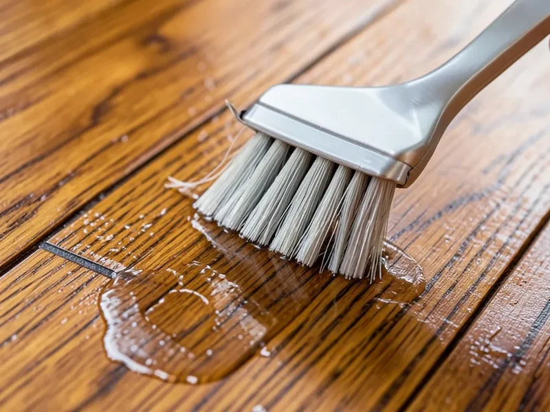 Synthetic bristle brush applying clear polyurethane along the grain of a hardwood floor board