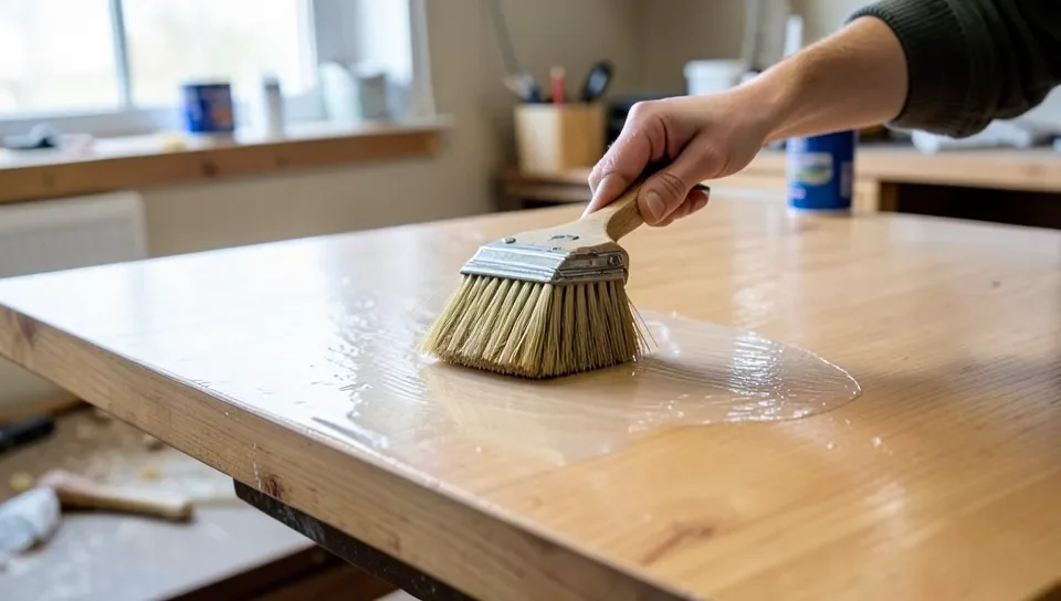 Brushing a thin coat of polyurethane onto a wood surface