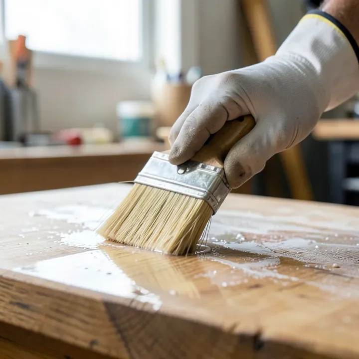 hand brushing clear polyurethane finish onto a wood tabletop hand brushing clear polyurethane finish onto a wood tabletop