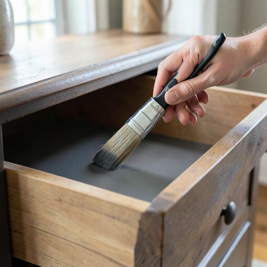 Applying matte chalk paint over a polyurethane-finished wood dresser drawer