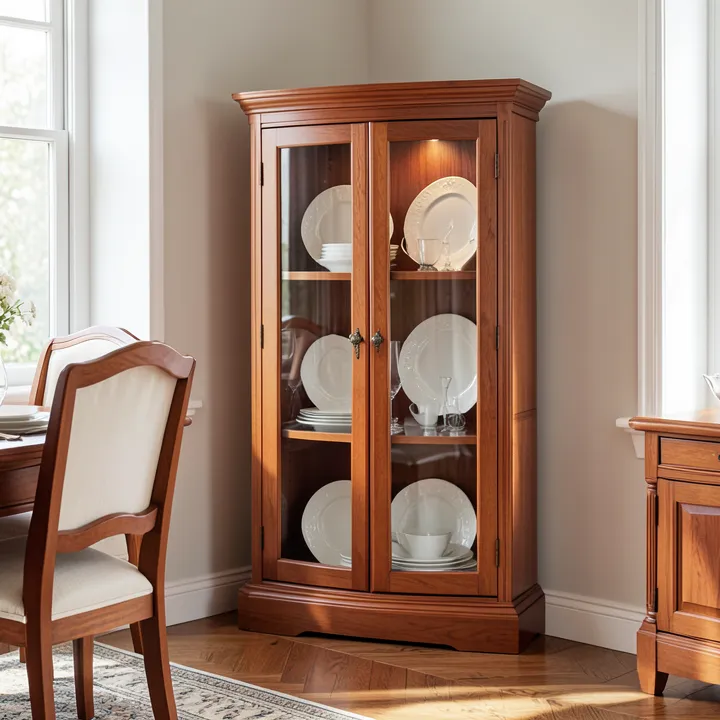 Traditional cherry wood corner cabinet with glass doors displaying china in a dining room