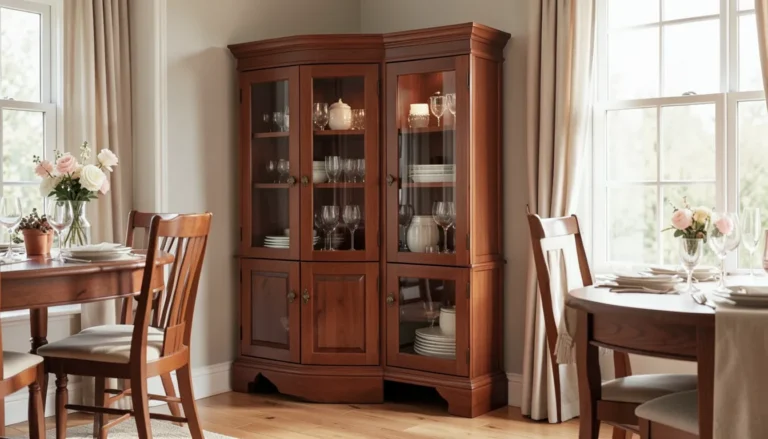 Elegant cherry wood corner cabinet with glass doors in a dining room corner