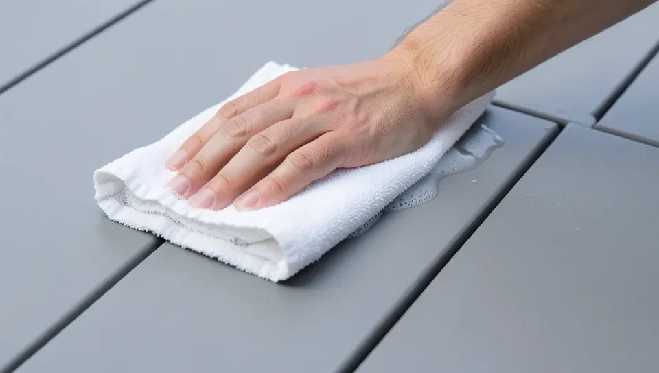Wiping down a PVC composite deck board with mild soap and water