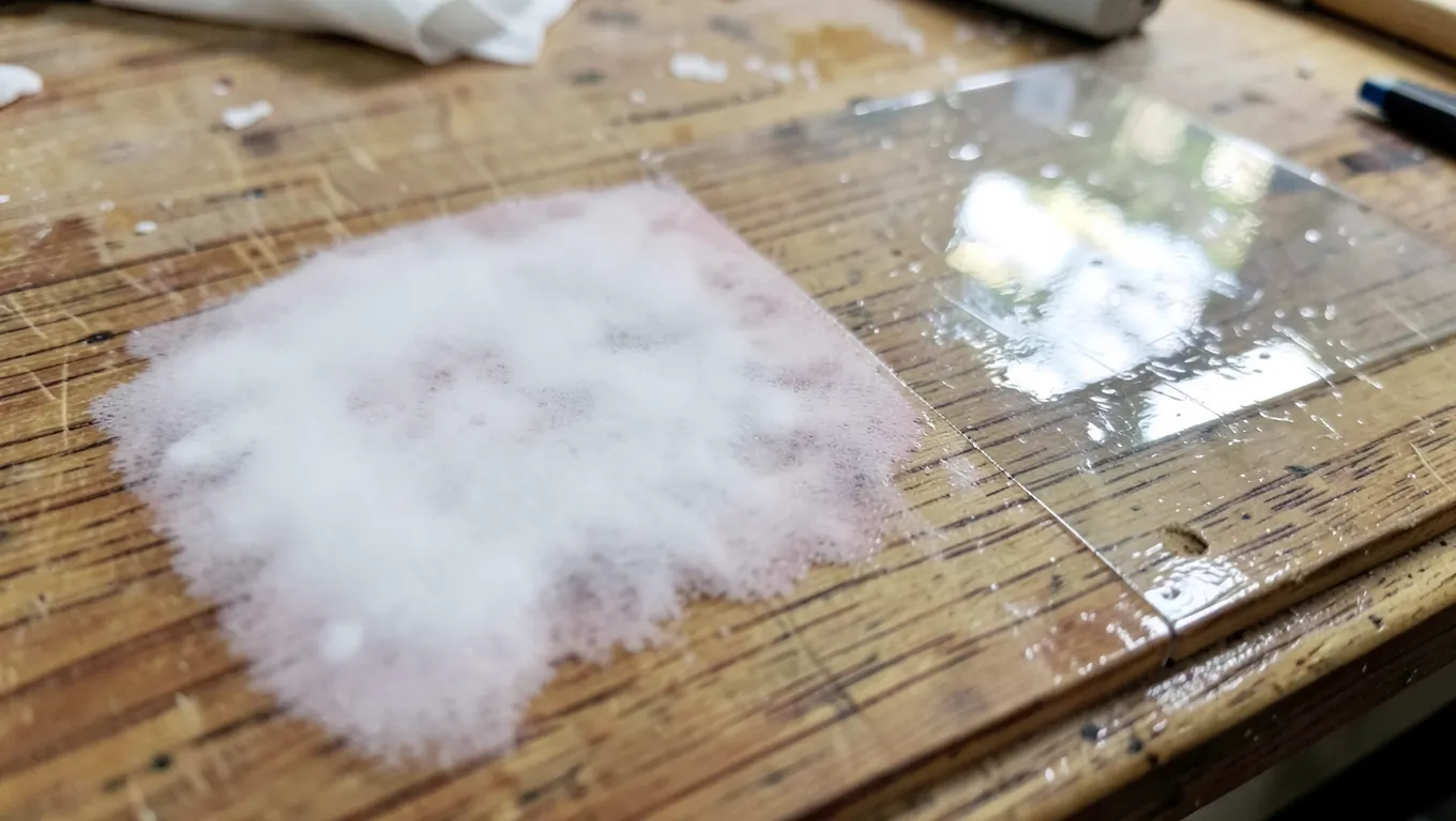 Wood tabletop showing a cloudy hazy polyurethane finish patch next to a clear glossy area