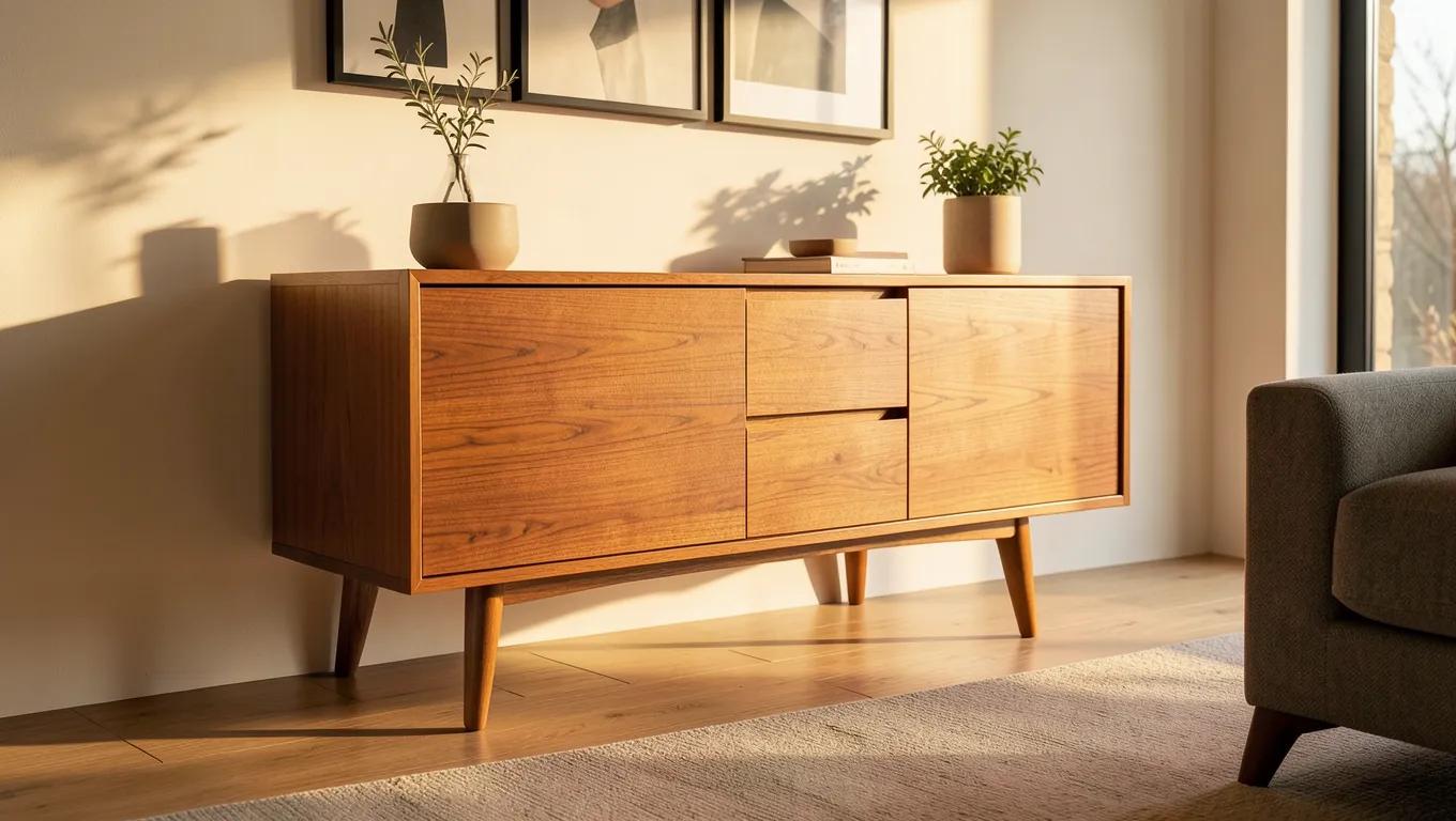 Mid-century modern Danish teak sideboard credenza with tapered legs in a living room