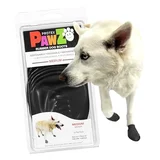 PawZ rubber dog boots pack with dog wearing one boot PawZ rubber dog boots pack with dog wearing one boot