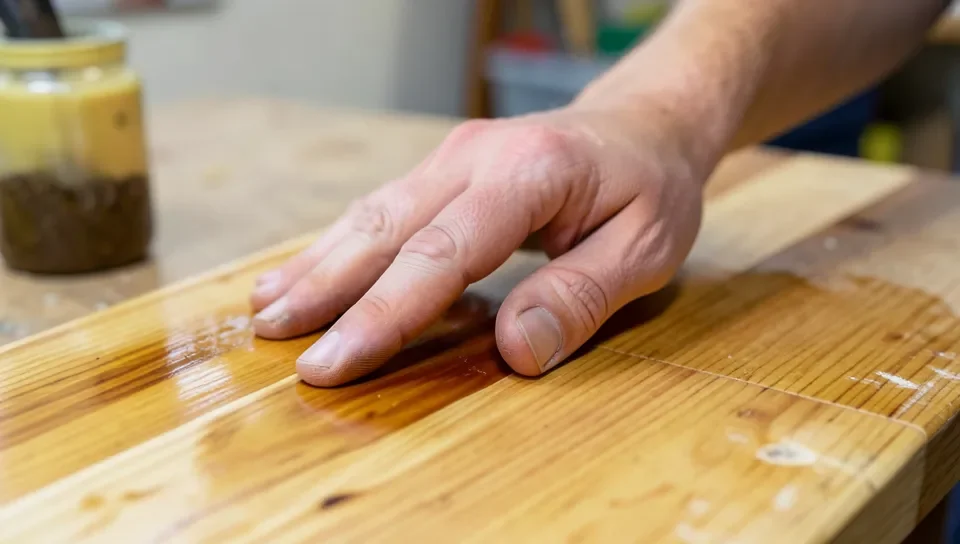Checking a stained wood surface by feel before applying polyurethane