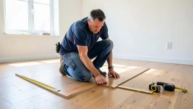 Professional flooring installer fitting hardwood planks in a bright room