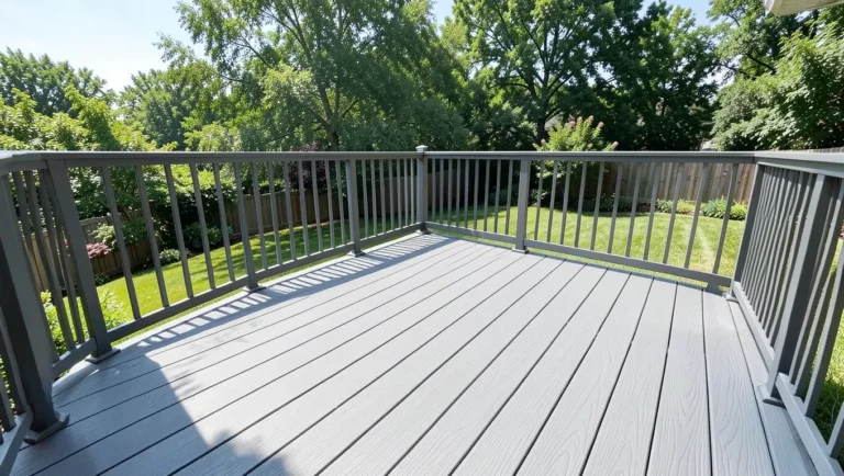 A backyard deck built from gray PVC composite deck boards