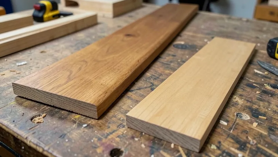 Two hardwood flooring plank samples of different wood species on a workshop bench