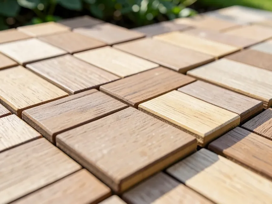 Close-up of interlocking outdoor decking tiles showing the modular grid pattern