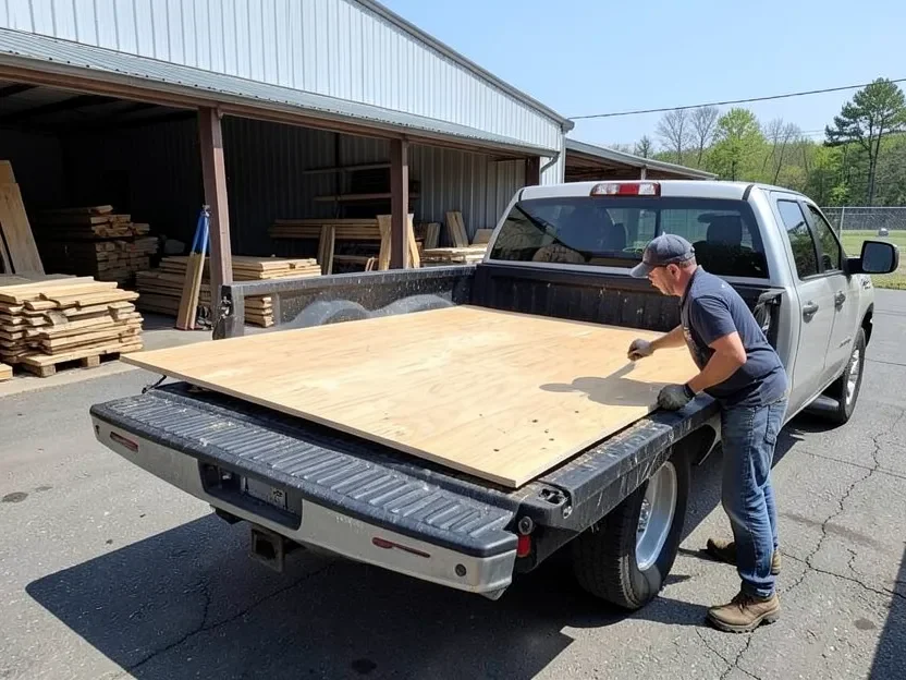 Loading a full sheet of plywood into a pickup truck bed at a lumber yard