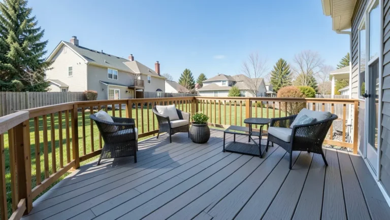 Composite deck with outdoor furniture on a sunny backyard patio