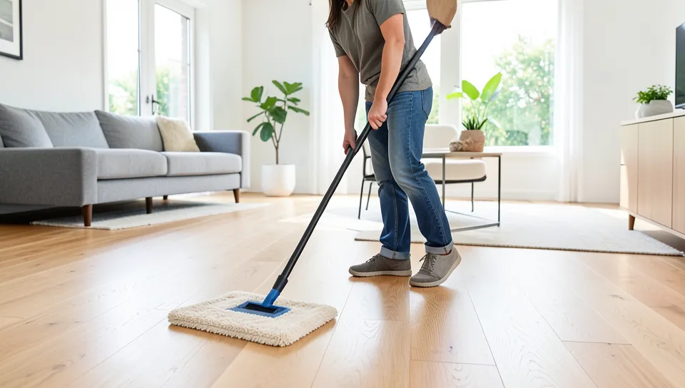 Person wiping a wide-plank hardwood floor clean with a microfiber mop