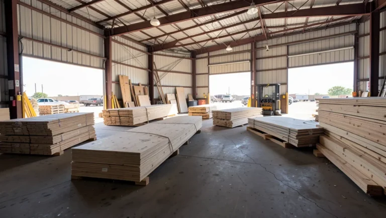 Stacked sheets of plywood and lumber at a building supply yard in Fort Worth, Texas