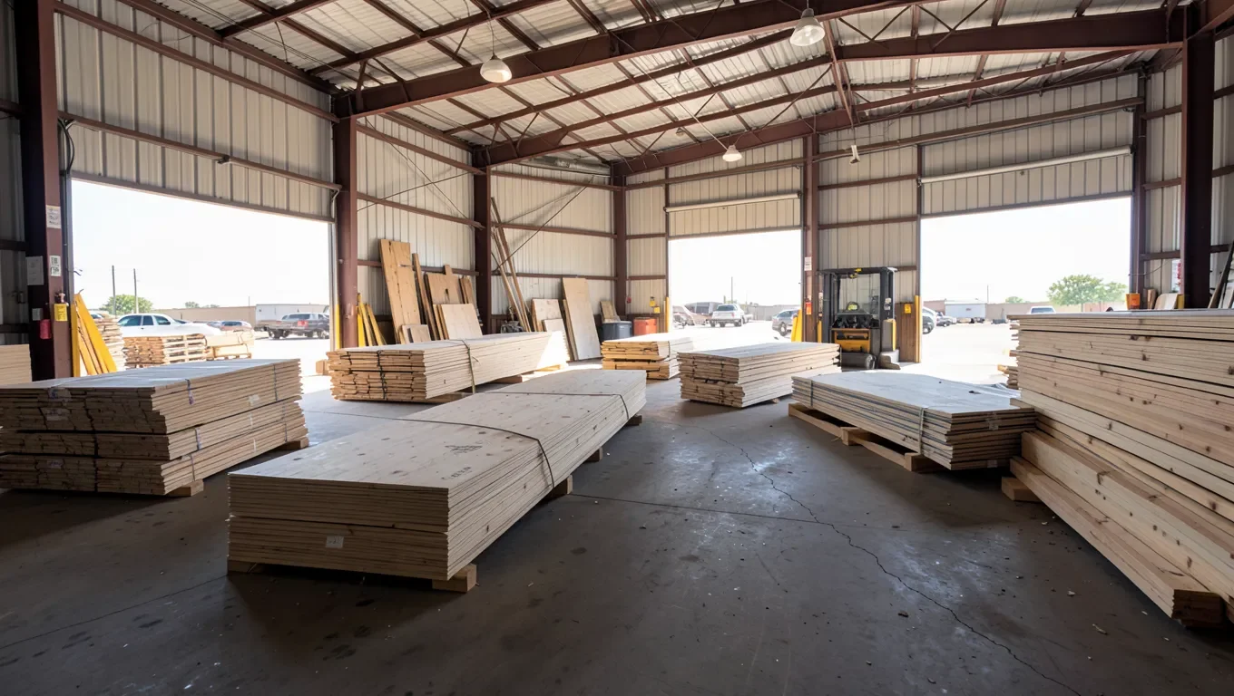 Stacked sheets of plywood and lumber at a building supply yard in Fort Worth, Texas