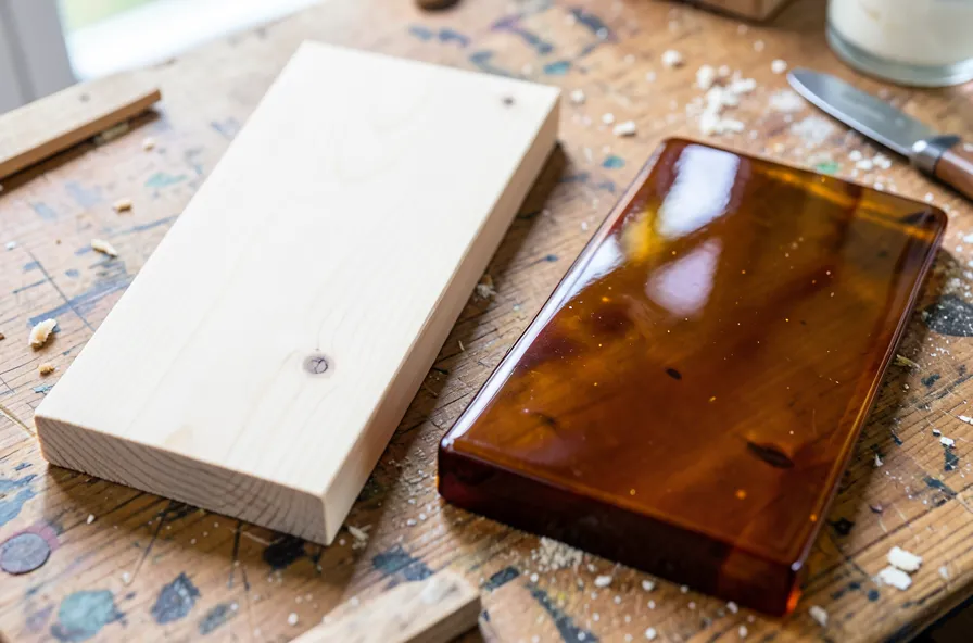 Two wood boards side by side, one pale bare pine and one coated with amber oil-based polyurethane showing the color difference