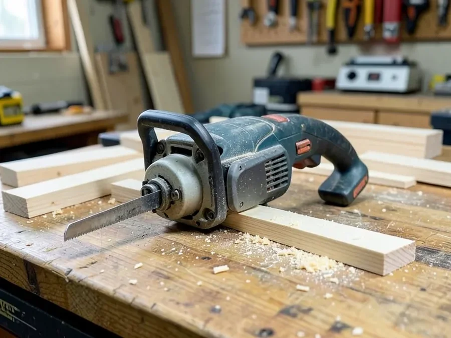 Cordless reciprocating saw resting on a workbench next to cut lumber