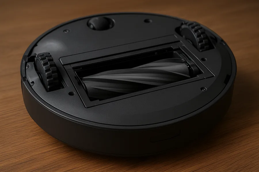 Close-up of a robot vacuum brushroll mechanism above a hardwood floor Close-up of a robot vacuum brushroll mechanism above a hardwood floor