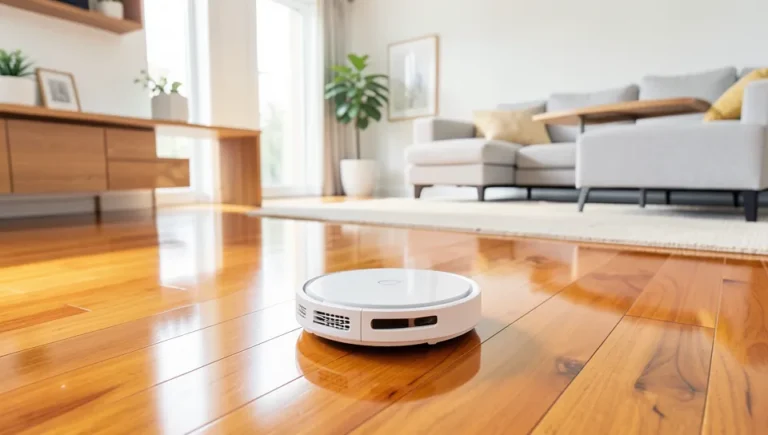 White robot vacuum cleaning a hardwood floor in a bright living room