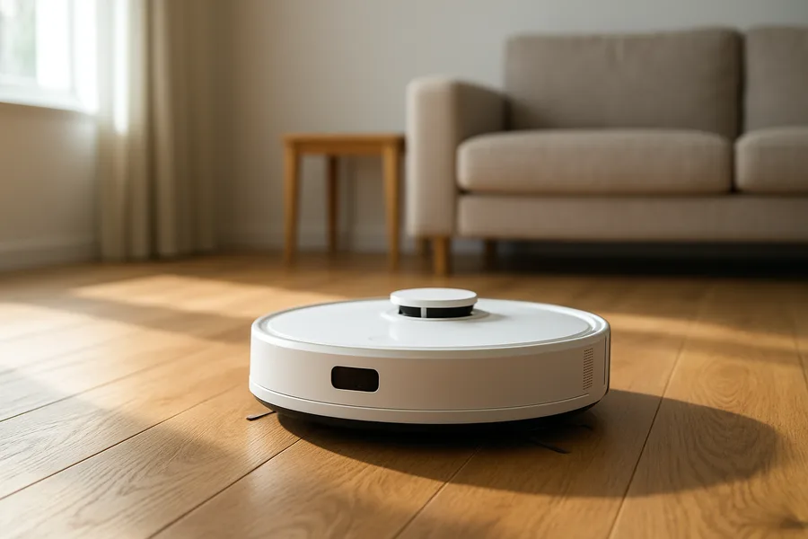 Robot vacuum with LiDAR turret navigating a hardwood living room floor near furniture Robot vacuum with LiDAR turret navigating a hardwood living room floor near furniture
