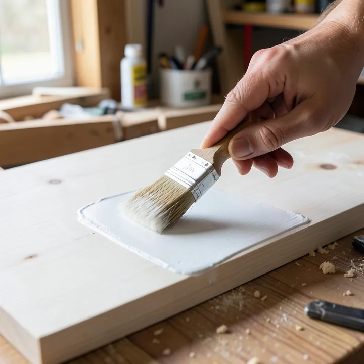 hand brushing white wood primer onto a bare pine board with a paintbrush hand brushing white wood primer onto a bare pine board with a paintbrush
