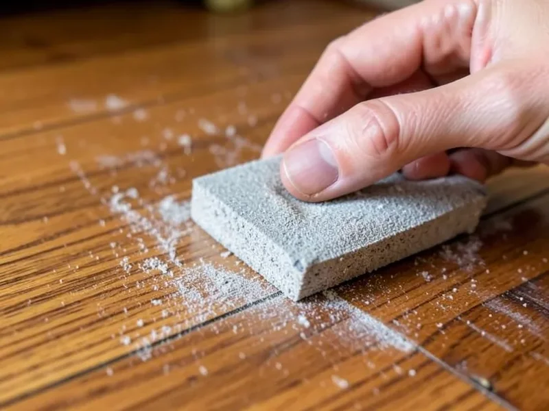 Hand using a fine sanding pad to scuff-sand a hardwood floor between polyurethane coats
