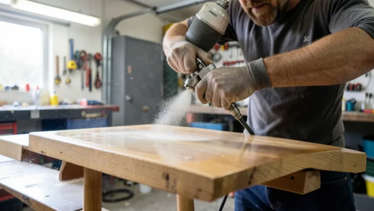 Spraying clear polyurethane finish onto a wood tabletop with an HVLP spray gun