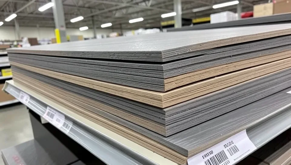 Stacked PVC composite deck boards in different colors at a home improvement store