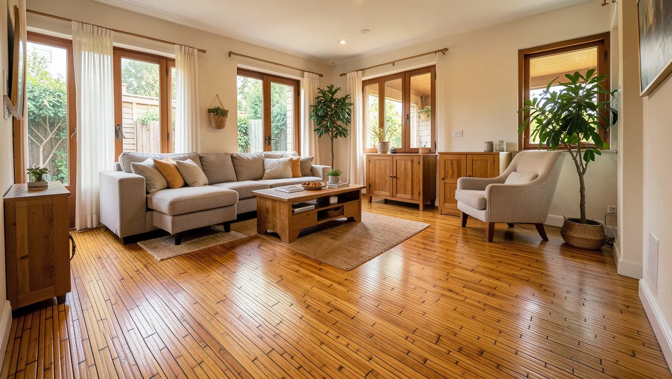 Living room with strand-woven bamboo plank flooring