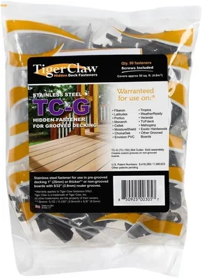 Tiger Claw TC-G stainless steel hidden deck fasteners 90-pack for grooved composite and PVC decking