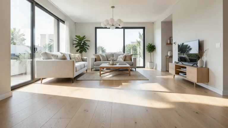 Wide-plank light oak hardwood floor in a bright modern living room