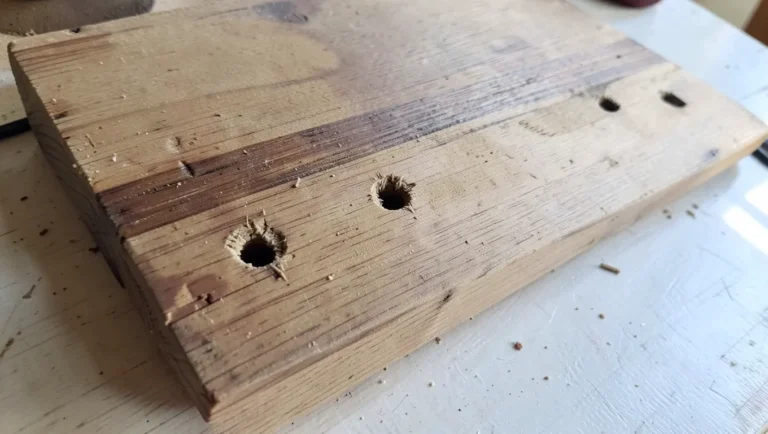 Wood board with sanded, filled repair spots ready for staining