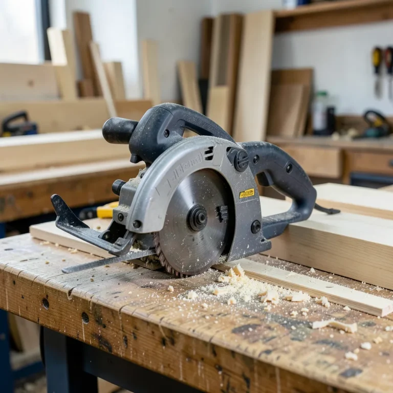 A black electric powered hand saw on a workbench next to cut lumber