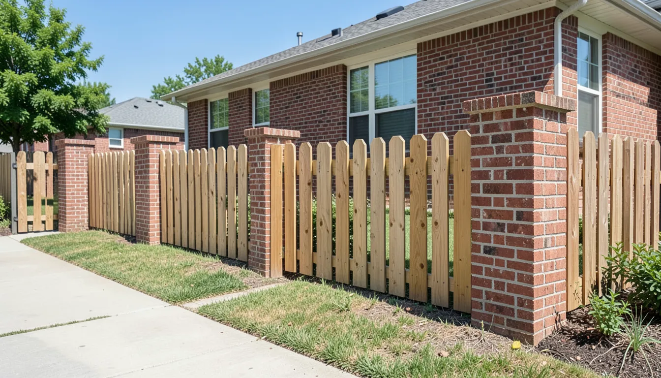 Brick pillars with wood picket fence panels in front of a suburban home