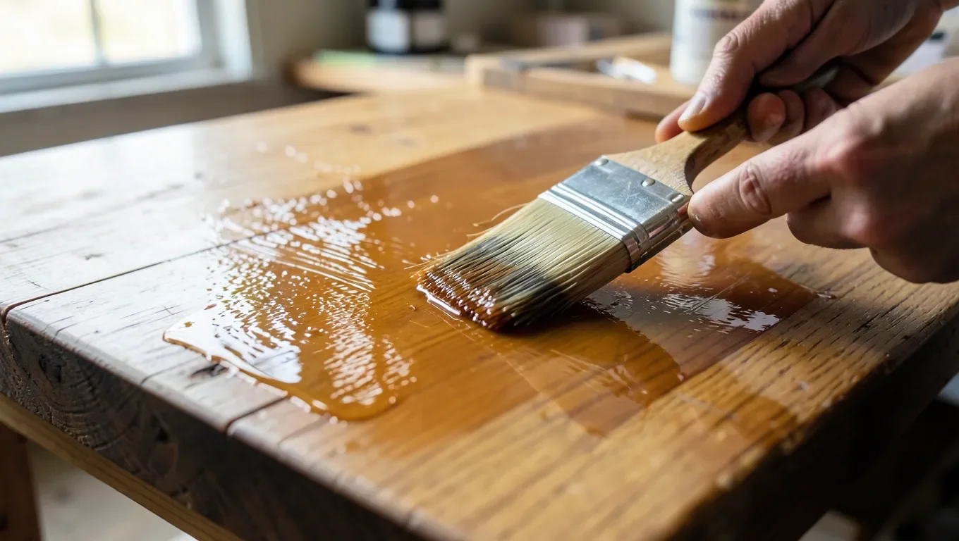 Applying clear polyurethane finish to a wood tabletop with a brush