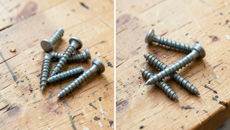 Cabinet screws and wood screws laid out side by side for comparison