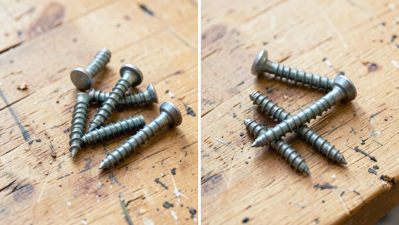 Cabinet screws and wood screws laid out side by side for comparison