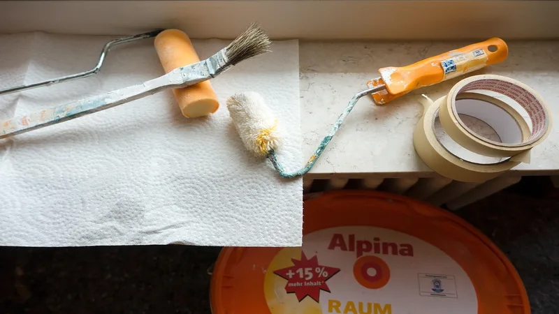 Water-based clear coat being brushed over white painted wood furniture