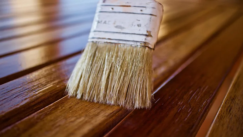 Clear topcoat being applied over dyed and stained wood samples