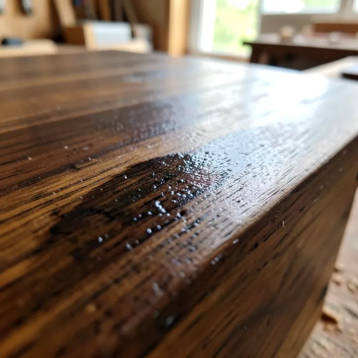 close-up of dark wood stain and varnish finish soaking into wood grain