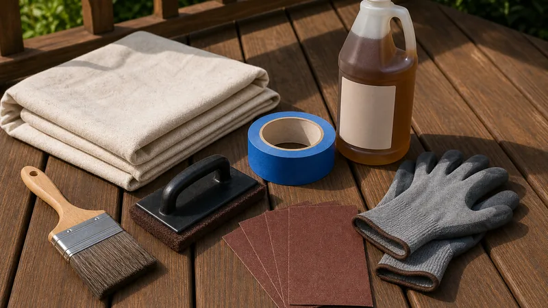 Deck staining tools and supplies arranged on wooden boards