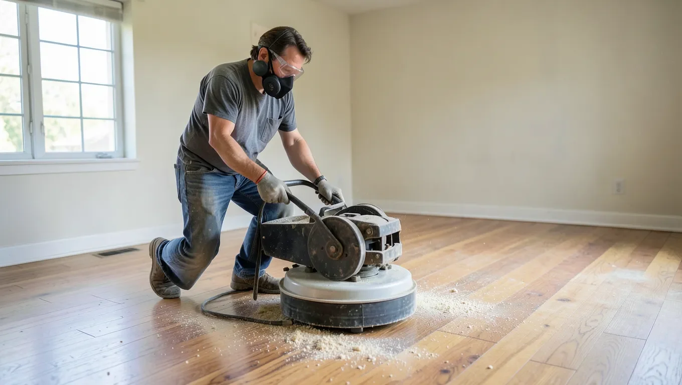 Operating a drum floor sander on hardwood floor