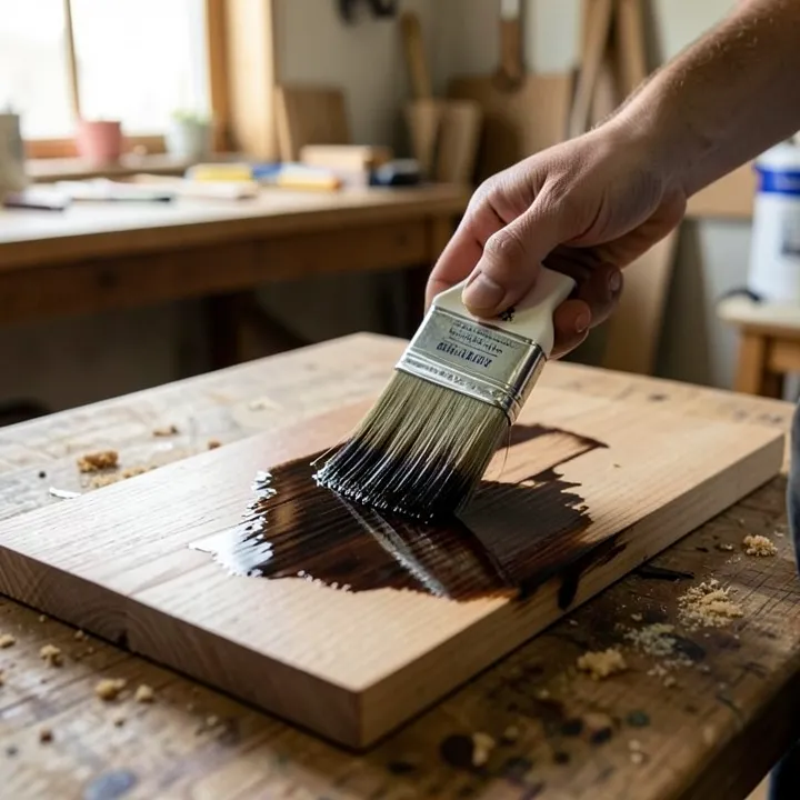 Brush applying wood stain to a wood board, showing the wet finish darkening the grain