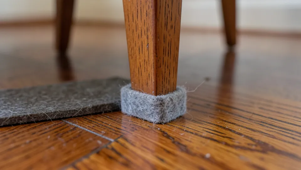 Felt furniture pads being applied to the bottom of a wooden chair leg on a hardwood floor