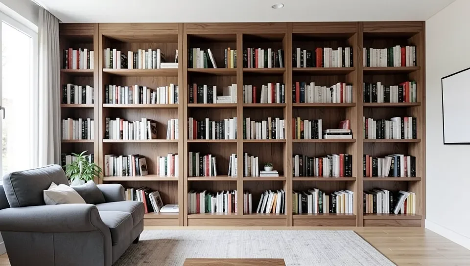 Custom built-in wood bookshelves recessed flush into a wall